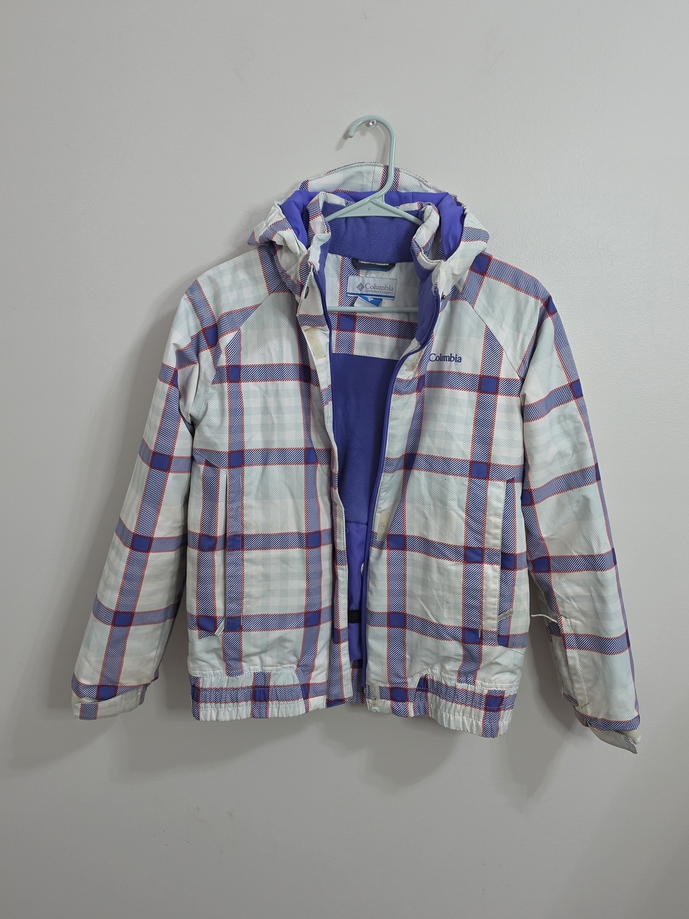 Columbia Sportswear white, blue, and red plaid kids jacket in size L 14